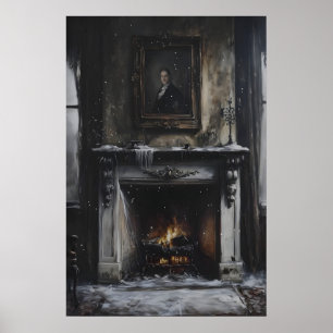 Verlassener Kaminsims mit Schnee und Porträt Poster