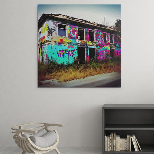 Verlassenes Haus mit farbenfroher Graffiti Leinwanddruck