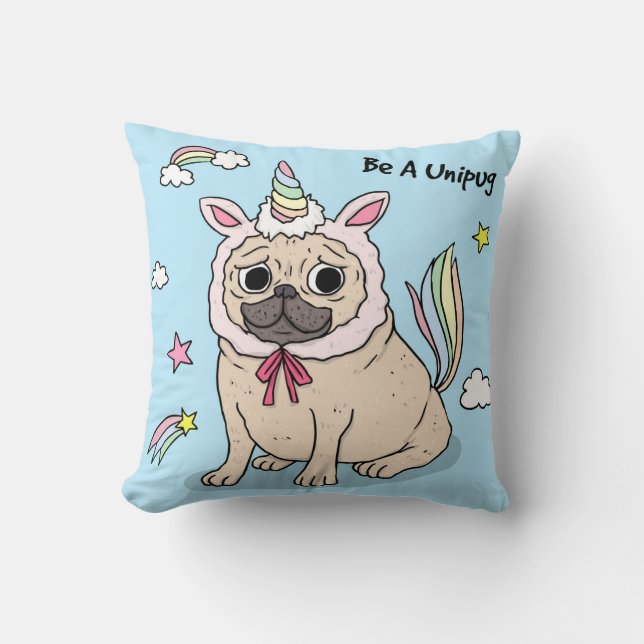 Verlegener Mops mit Unicorn-Hut an Kissen (Vorderseite)