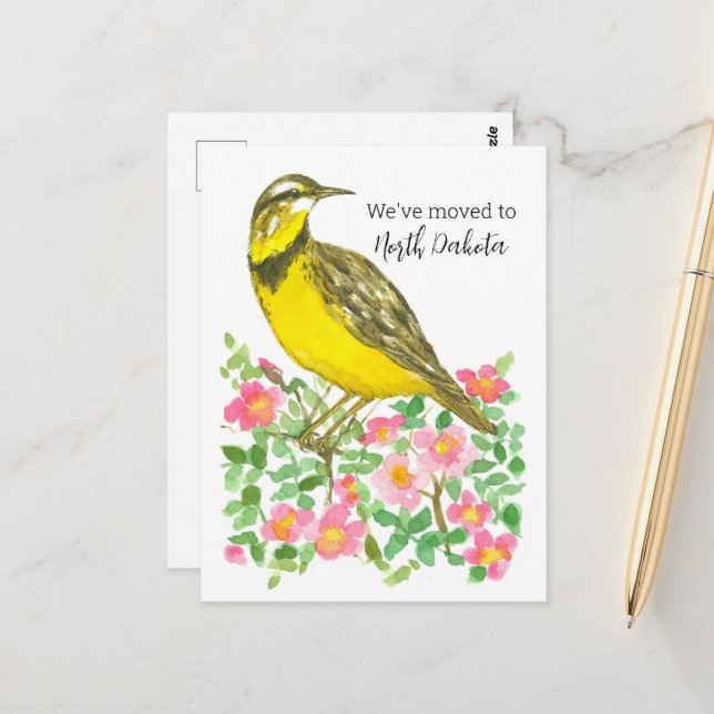 Verlegung der Ankündigung North Dakota Meadowlark Postkarte (Vorderseite/Rückseite Beispiel)