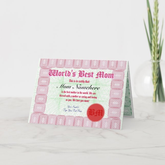 Verleihung der weltweit besten Mama-Zertifikatskar Karte (Vorderseite)