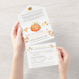 Verlieb dich Aquarell-Kürbis herbstliche Hochzeit All In One Einladung