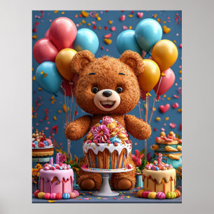 Verliebte Teddybär Geburtstagsfeier mit Kuchen Poster