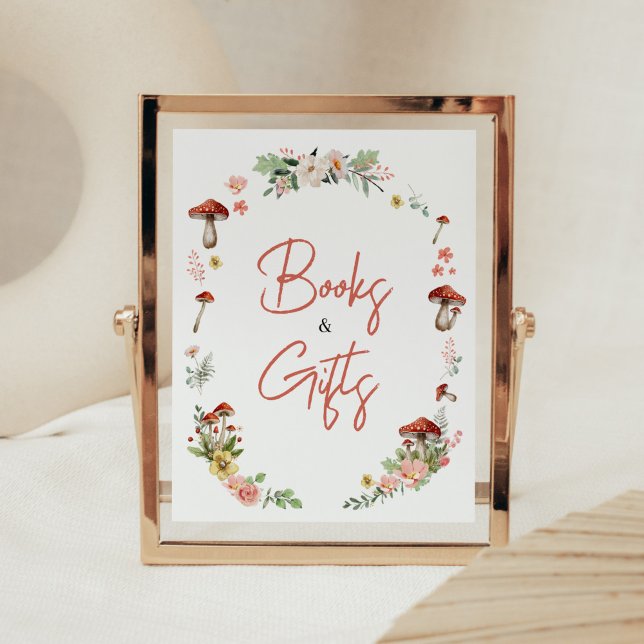 Verliebte Wildblume Pilzbücher und Geschenke Poster (Enchanted Mushroom Baby Shower Books and Gifts Sign)