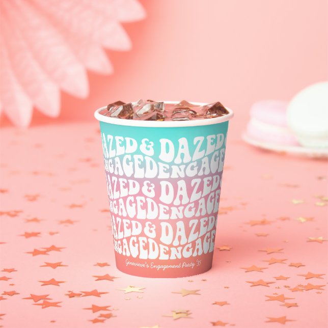 Verlobt getanzt | Pink Aqua Retro Engagement Party Pappbecher (Insitu)