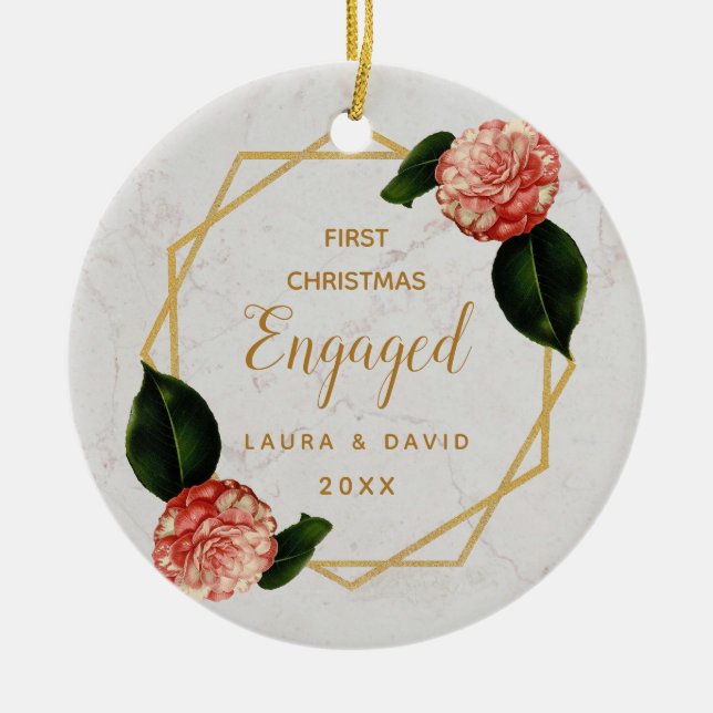 Verlobter Marmor Gold Pink Camellia Keramik Ornament (Vorne)