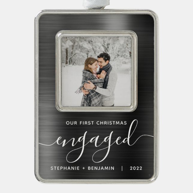 Verlobtes Foto Grau Brushed Metal Rahmen-Ornament Silber (Vorderseite)