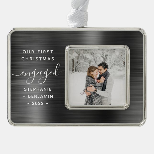 Verlobtes Foto Grau Brushed Metal Rahmen-Ornament Silber (Vorderseite)