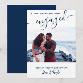 Verlobtes Foto und Elegante Script Blue Verlobung Ankündigung