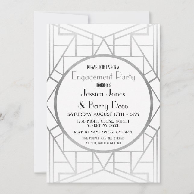 Verlobung Art Déco Gatsby Silver lädt Sie ein Einladung (Vorderseite)