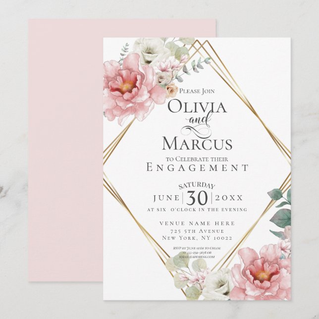 VERLOBUNG | Blume in hellrosa Wasserfarben Einladung (Vorne/Hinten)