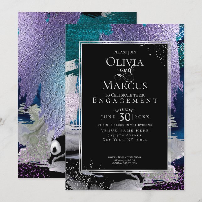 VERLOBUNG | Chic Bold Orchid Aqua Metallic Einladung (Vorne/Hinten)