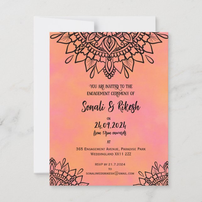 Verlobung Einladung Mandala Pink & Orange Karte (Vorderseite)