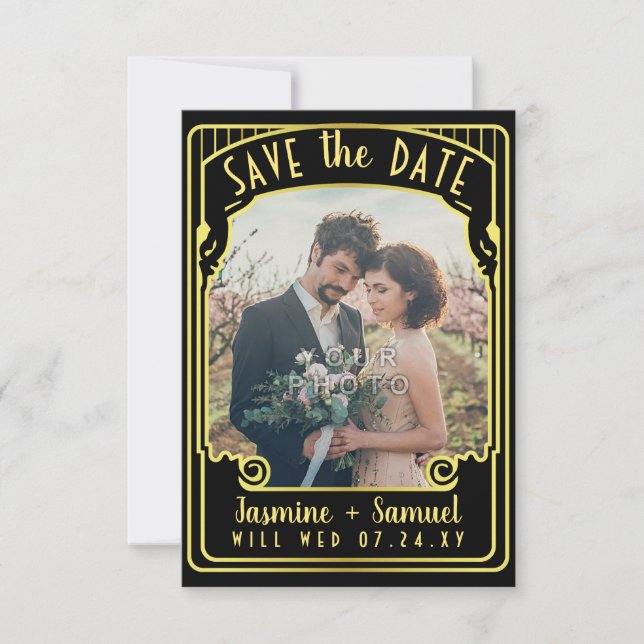 Verlobung Foto | Art Deco Wedding Black Gold Save The Date (Vorderseite)