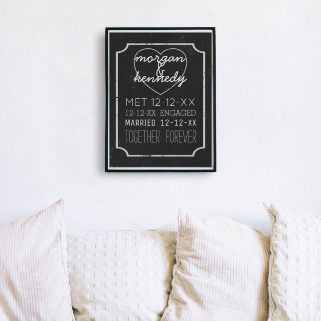 Verlobung für Hochzeitgedächtnisse schwarz und wei Poster (Add your own love story dates to this black and white chalkboard style poster)