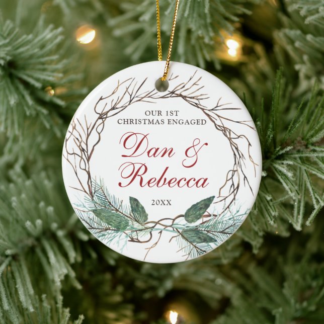 Verlobung für personalisierte Namen Wasserfarbenkr Keramik Ornament (Baum)