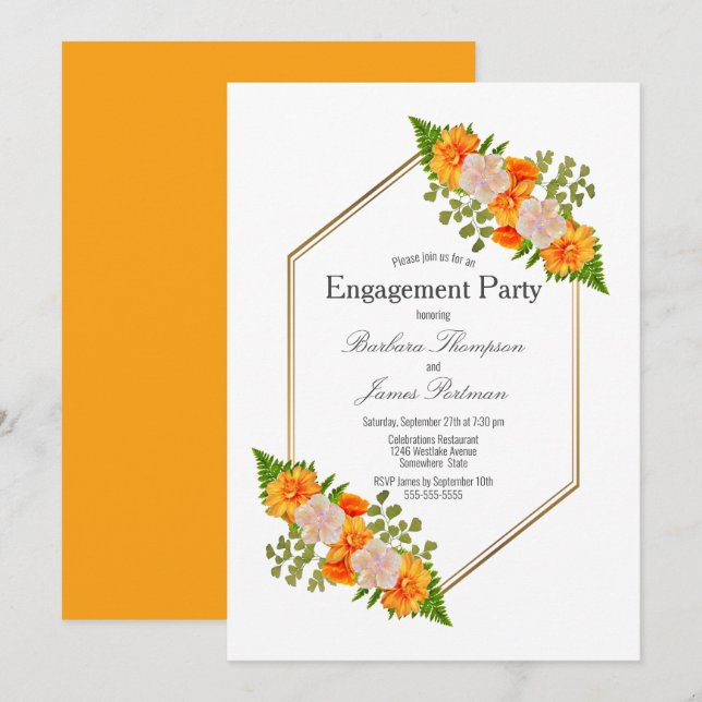 Verlobung Orange Floral Gold Frame Einladung (Vorne/Hinten)