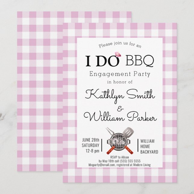 Verlobung Rosa Karierte GRILLEN Party Einladung (Vorne/Hinten)