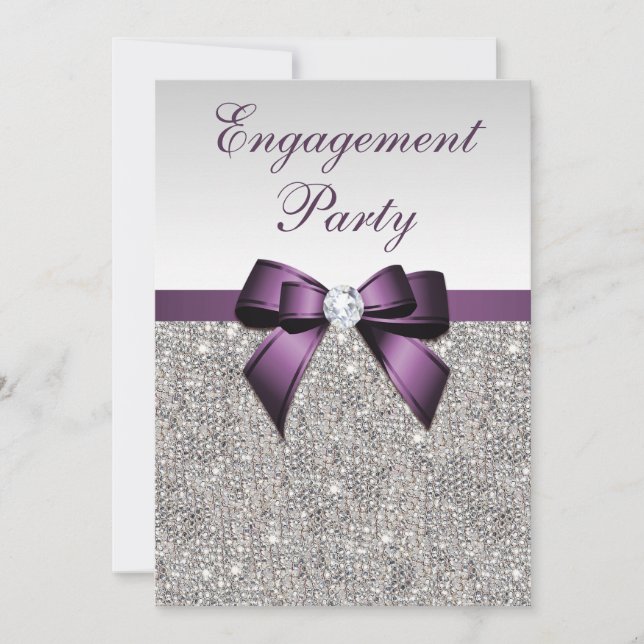 Verlobung Silver Sequins Violet Bow Einladung (Vorderseite)