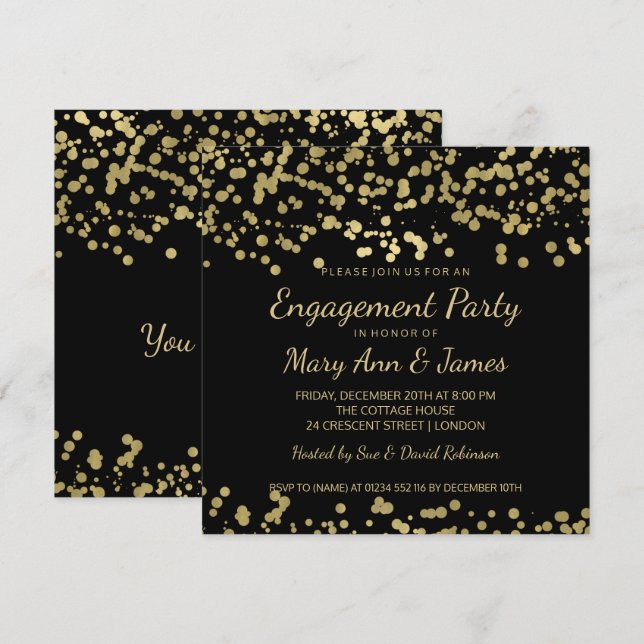 Verlobungs-Party-Goldfolien-BlickConfetti Einladung (Vorne/Hinten)
