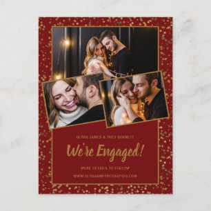 Verlobungsankündigung Rot Gold 3-Foto-Postkarte Einladungspostkarte