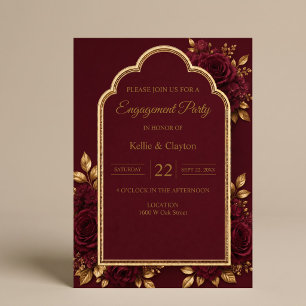 Verlobungsfeier Burgund & Gold Floral Einladung