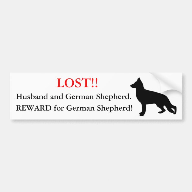 Verlorener Ehemann und Schäferhund. Belohnung! Autoaufkleber (Vorne)