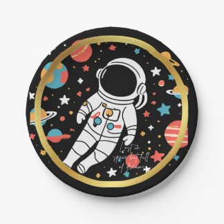 Verlust im Astronautenrundaufkleber im Weltraum mi Pappteller