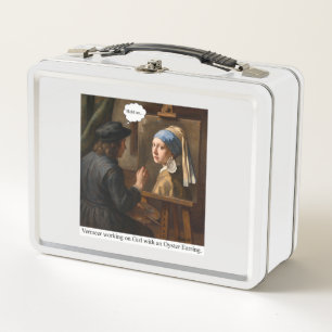 Vermeer bei der Arbeit an Mädchen mit Perlenohrrin Metall Brotdose