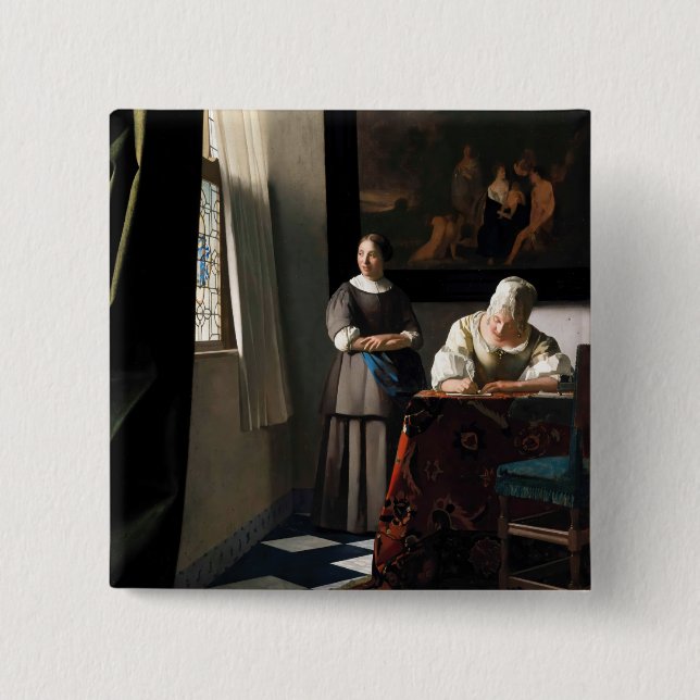 Vermeer - Lady schreibt einen Brief mit ihrer Freu Button (Vorderseite)