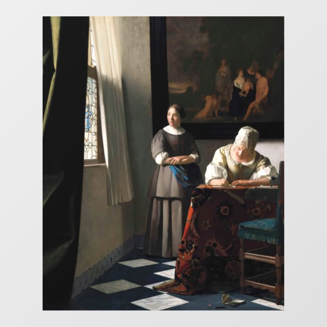 Vermeer - Lady schreibt einen Brief mit ihrer Freu Fensteraufkleber (Blatt)