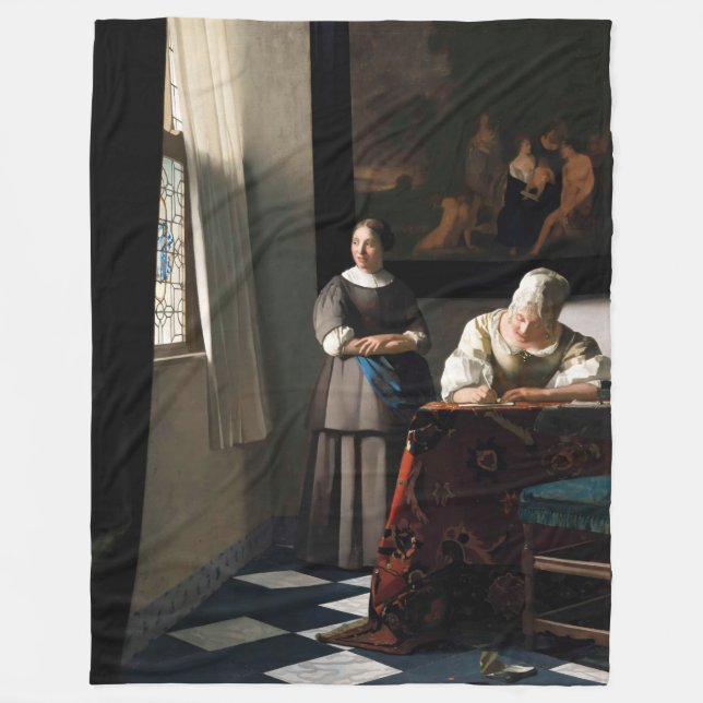 Vermeer - Lady schreibt einen Brief mit ihrer Freu Fleecedecke (Vorderseite)