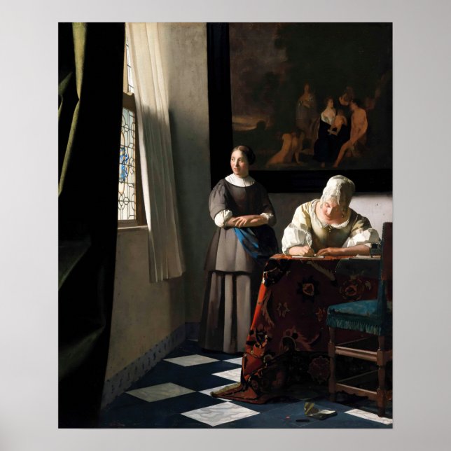 Vermeer - Lady schreibt einen Brief mit ihrer Freu Poster (Vorne)