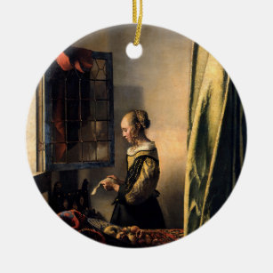 Vermeer - Mädchen, die einen Buchstaben in einem o Keramik Ornament
