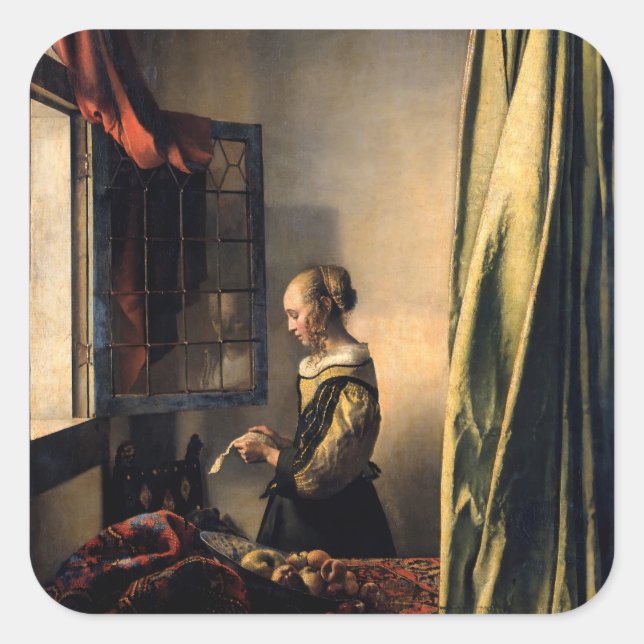 Vermeer - Mädchen, die einen Buchstaben in einem o Quadratischer Aufkleber (Vorderseite)