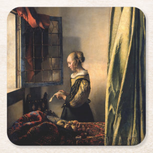 Vermeer - Mädchen, die einen Buchstaben in einem o Rechteckiger Pappuntersetzer