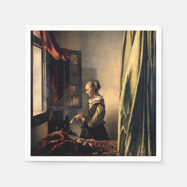 Vermeer - Mädchen, die einen Buchstaben in einem o Serviette (Vorderseite)