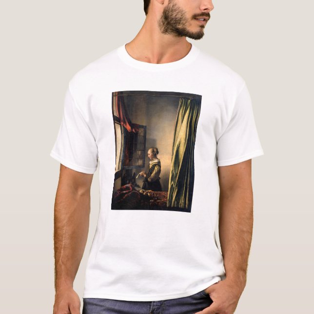 Vermeer - Mädchen, die einen Buchstaben in einem o T-Shirt (Vorderseite)