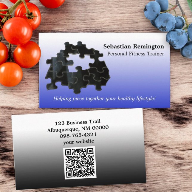 Vermisst Black Puzzle Piece Blue Ombre Visitenkarte (front and back template with QR code designed business card)