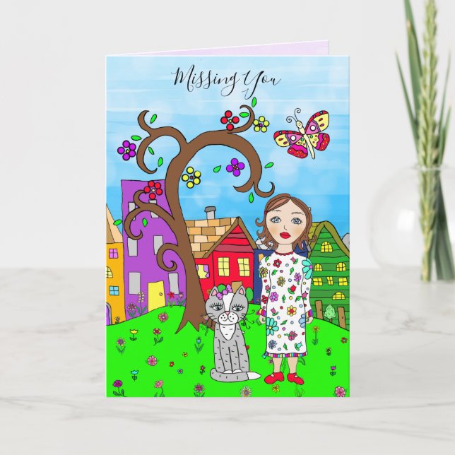 Vermissten Sie, Whimsical Lady and Cat Friendship Karte (Vorderseite)