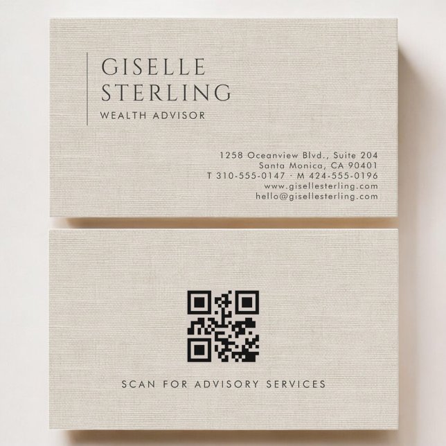 Vermögensberater Luxus Neutraler Leinen QR-Code Visitenkarte (Von Creator hochgeladen)