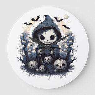 Vermummter Chibi-Sensenmann Halloween - Whimsische Große Wanduhr