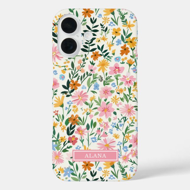 Vernähtes Blumenmuster mit Monogramm iPhone 16 Hülle (Rückseite)