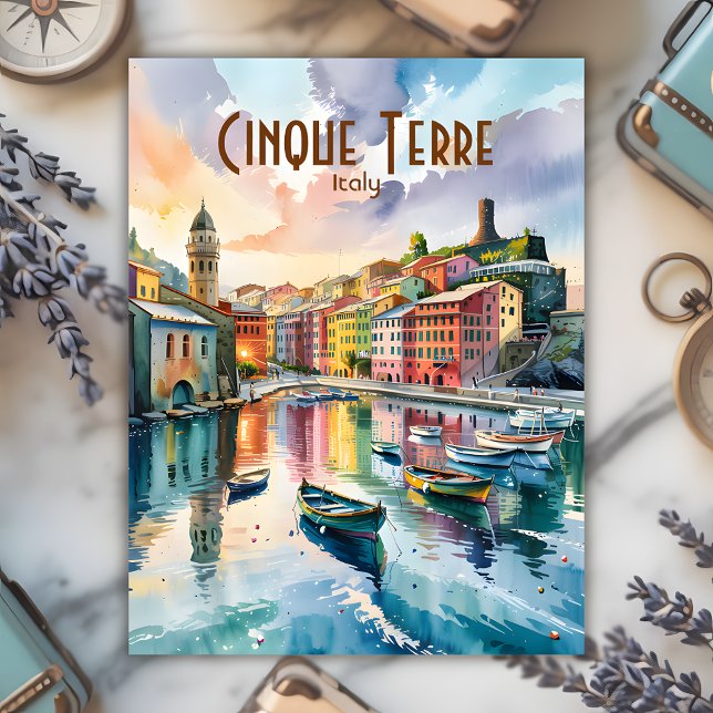 Vernazza Cinque Terre Italien Wasserfarben Postkarte (Custom Vernazza Cinque Terre Italy Harbor Watercolor Painting Postcard)