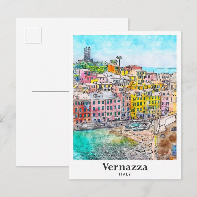 Vernazza Italien Reisen Wasserfarben Sketch Handge Postkarte (Vorne/Hinten)