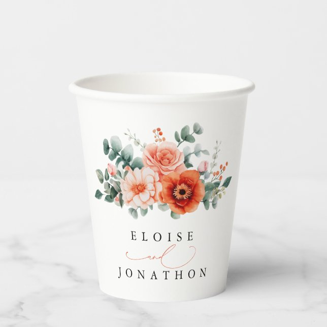 Verona Sunset Bright Orange Moderne Blumenhochzeit Pappbecher (Vorderseite)