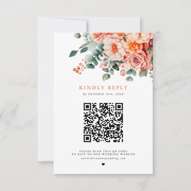 Verona Sunset Bright Orange QR Code Floral Wedding RSVP Karte (Vorderseite)