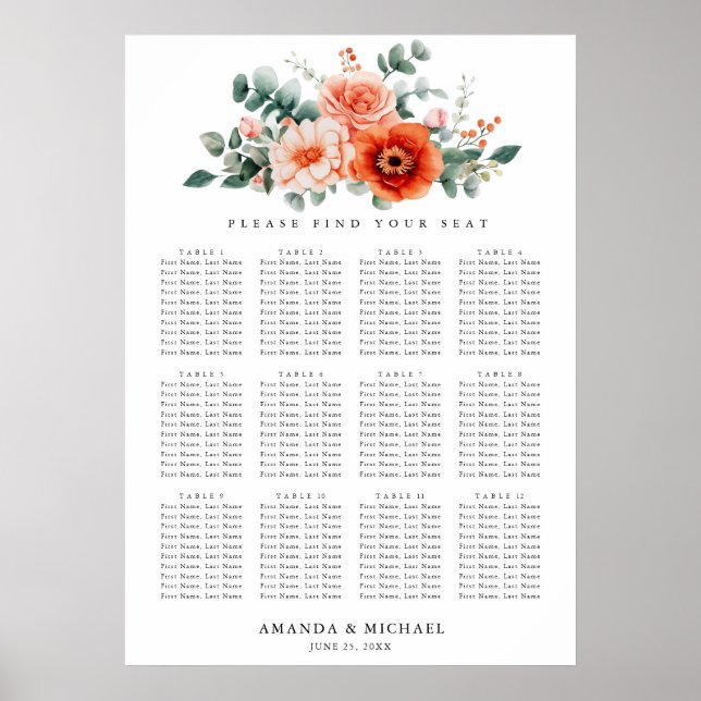 Verona Sunset Bright Orange Wedding Chart Poster (Vorne)