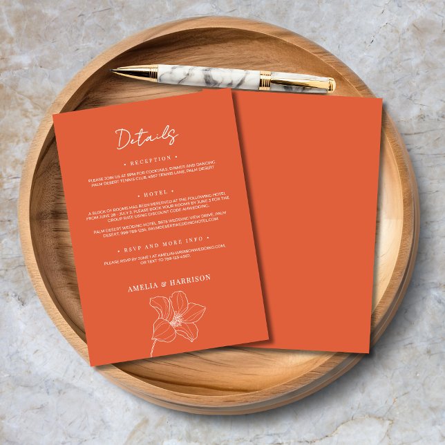 Verona Sunset Elegante Orange Blumenzwiebeldetails Begleitkarte (Verona Sunset Elegant Orange Floral Wedding Details Enclosure  Card with Reception, Hotel, RSVP info)