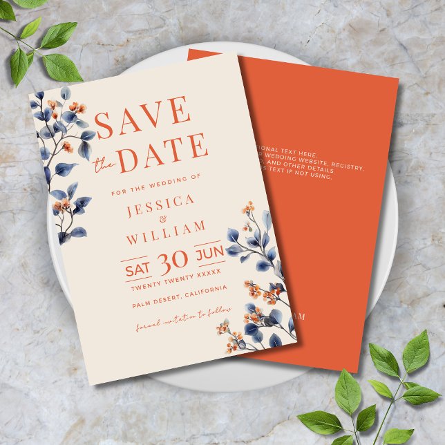 Verona Sunset Navy Blue Floral Wedding Save The Date (Verona Sunset Navy Blue Watercolor Floral Wedding Save the Date with Orange and Dark Blue.)
